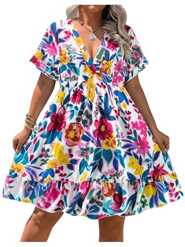 Image of Floerns Women's Plus Size Summer Vacation Wrap V Neck Short Sleeve Ruffle Hem A Line Hawaiian Short Dress