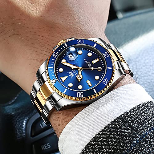 Mens-Watches-with-Date-Stainless-Steel-Band-41mm-Unidirectional-Rotating-Bezel-Large-Face-Case-Quartz-Analog-Waterproof-Luminous-Wrist-Watch-Two-Tone-Dress-Relojes-de-Hombre-GreenBlackBlue-Dial-Watche