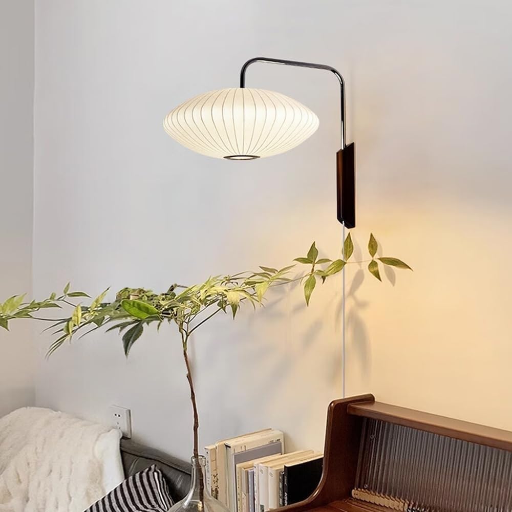 Nowoczesna lampa ścienna do wnętrz z przegubowym ramieniem z jedwabnym owalnym abażurem Styl drewniana latarnia Wabi Sbai idealna do sypialni, salonu lub jadalni opraw E27
