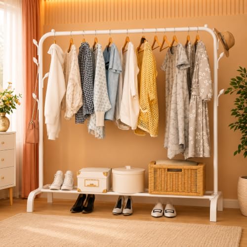 Image of Metal Multifunctional Heavy-Duty Quality Garment Stand Cloth Rack Freestanding Storage Organizer With Bottom Shelves Adjustable Single Pole Coat Hanger (White)