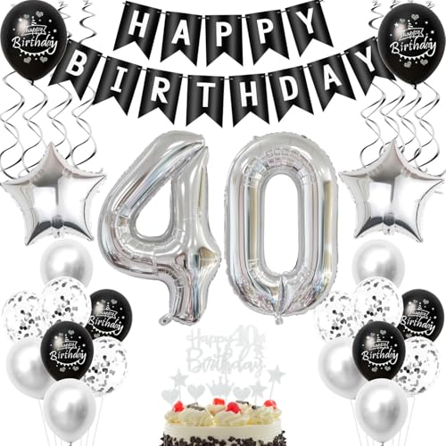 Negro plateado globo decoración 40 cumpleaños mujer hombre, 40 años hombre cumpleaños decoración 40 años mujer globos, deco 40 cumpleaños mujer globo decoración para tartas 40 cumpleaño hombre