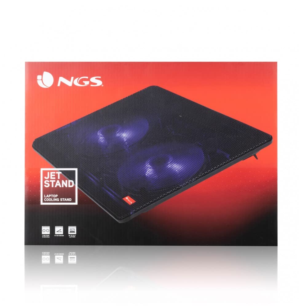 NGS JetStand - Support de Refroidissement pour Ordinateurs Portables jusqu'à 15,6" Hauteur Réglable, Ventilateurs Silencieux, Port USB, Lumière LED, Treillis Métallique