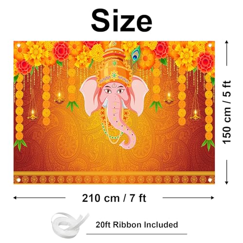Image of Avezano Indian Pooja Traditional Backdrop Indian Religious Festival Marigold Banner Orange Flower Marriage Hindu Curtain Bridal Shower Wedding Party Decorations Banner (7x5ft)