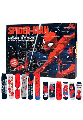 Calendario de Adviento Marvel Spiderman con 12 pares de calcetines, tamaño 40-45, calendario de Navidad para hombre, con zapatillas y calcetines largos