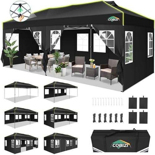 COBIZI 10x20 Pop Up Canopy Tent with 6 Removable Sidewalls, One Push Party Tent Outdoor Waterproof Event Canopy with Air Vent for Parties Commercial Wedding, 3 Height, Carry Bag, Sandbag, Black