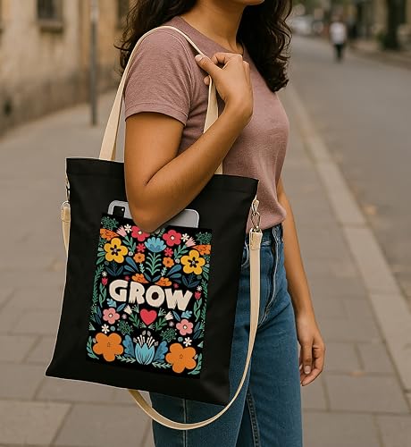 Image of ZORI Black Sling Tote Bag With Pocket and with Beige Straps, Tote Bags For Women large capacity,Tote bag For Shopping, College, Travel, More Canvas Handbag For Unisex