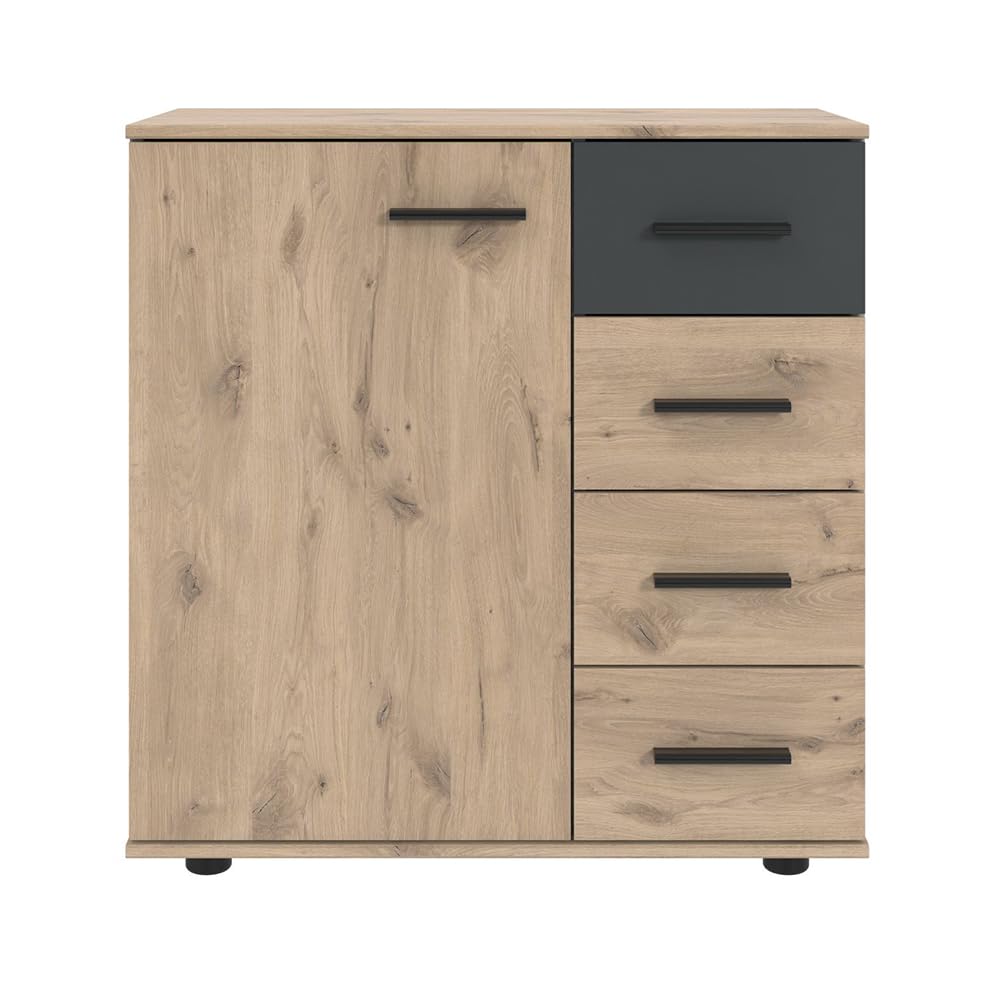 Lomadox Schlafzimmer Komplett Set 5-teilig, Bett 180x200 cm, 2X Nachtschrank, 1 Kleiderschrank, 1 Kommode in Eiche mit Graphit