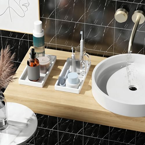 Image of BBK Bathroom Vanity Tray 7.8 in - 2 Pack(Small) Silicone Bathroom Tray for Counter, Perfume Key Trinket Ring Tray, Decor Soap Dispenser Countertop Tray for Kitchen Sink Organization (White)