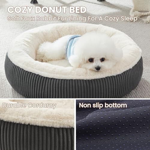 Image of 23 inches Donut Dog Bed for Small Dogs - Calming Round Puppy Bed with Removable &Washable Cover, Plush Faux Fur & Corduroy Pet Bed for Cats, Fits Pets up to 15 lbs(Dark Grey,Small)