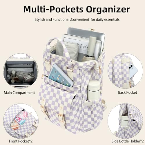 Image of Corduroy Laptop Backpack for Women 15.6 Inch Stylish College School Bookbag, Business Work & Travel Computer Backpacks (Checkered Purple)