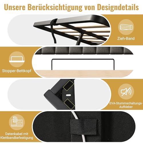 Polsterbett Doppelbett 140x200, LED Jugendbett Hydraulisches Bett Stauraumbett Funktionsbett Bettgestell mit Stauraum&Lattenrost, Stauraum-Kopfteil mit USB Type-C Aufladen, Leinen, Ohne Matratze, Grau – Bild 8