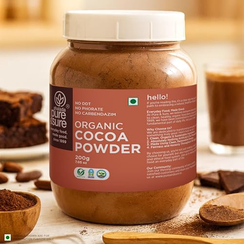 Image of Pure & Sure Organic Cocoa Powder 200G | 100% Pure & Natural with 18.7g Protein| Unsweetened & Dark Flavor | Ideal for Cake, Baking, Hot Chocolate, Milkshake & More