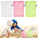 3 Pcs Mesh Beach Bags For Kids 5.9 x 8.3 Inch Shell Collecting Bag Seashell Bags With Clip And Toggle Closure Beach Vacation Essentials For Beach And Box Toy Bag With Toddler（Not Included Toys）