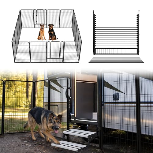Image of FXW Rollick Unleashed Dog Playpen for Indoor, Yard, RV Camping, 45 inch 16 Panels Dog Pen with RV Step Grid for Large Dogs, Black│Patented