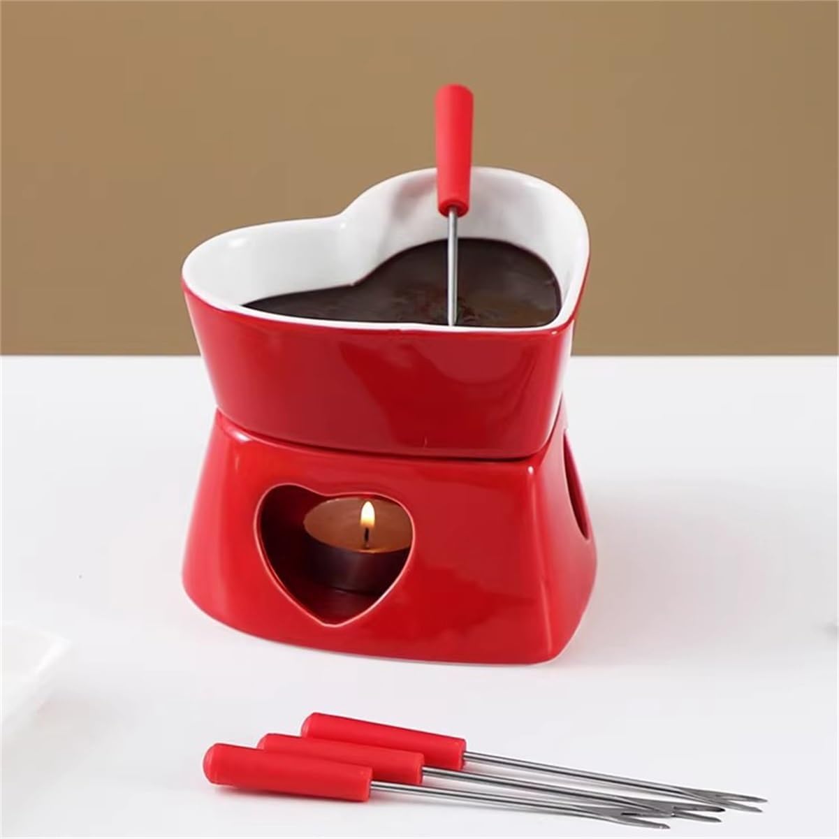 Cheese Heating Hot Pot Stove Compact Portable And Ultra-flexible Safety Durable Heart Ceramic Pot for Chocolate Ice-cream Melting Fondue(Red)