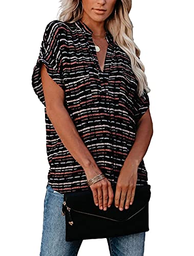 Allimy Women Summer Casual Split V Neckline Floral Chiffon Blouses Loose Tunic Short Sleeve Tops4