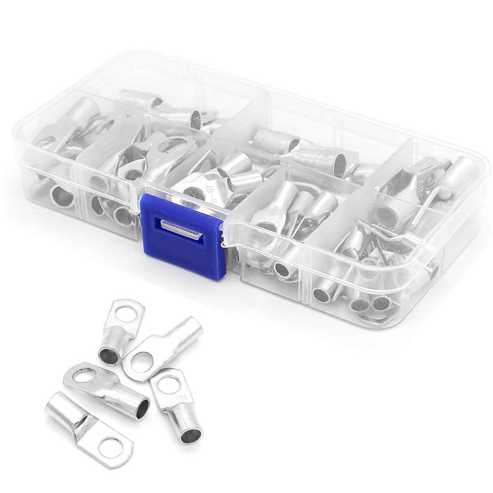 60Pcs Battery Terminals Set Bolt Hole Tinned Copper Wire Terminals Connector Cable lugs Battery SC Terminals Marine Grade Cold-Pressed Crimp Type SC6-SC25
