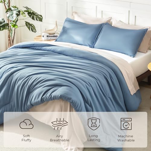 Image of Litanika Oversized King Comforter Set Grayish Blue Super King Plus Size, 3 Pieces Lightweight Solid Bedding Comforter Set, All Season Fluffy Bed Set (128x120In Comforter & 2 Pillowcases)