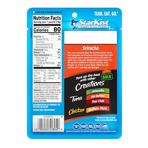 Image of StarKist Tuna Creations BOLD Sriracha Pouch (2.6 oz - 24 Pack) Wild Caught, 14g Protein Per Serving, Shelf Stable Seafood, Gluten Free, Soy Free, No Draining, Ready to Eat for Salads and Sandwiches