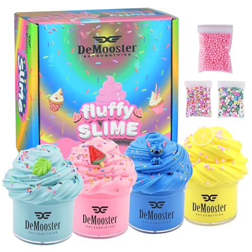 DeMooster Slime Kit for Kids Fluffy Butter Slime for Girls and Boys Non Sticky Soft Cloud Slime- Perfect for Party Favors & Giveaways & Birthday Return Gift for Kids pack 4 (4x100ml with charms)