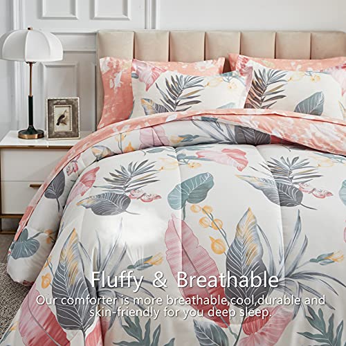 Aikasy Pink Queen Comforter Set With Sheets,Bed In A Bag 7-Pieces,Palm Tree Totem Printing Design,Ultra Soft Down Alternative All Season Bedding Set(Queen, Pink) #TOP3