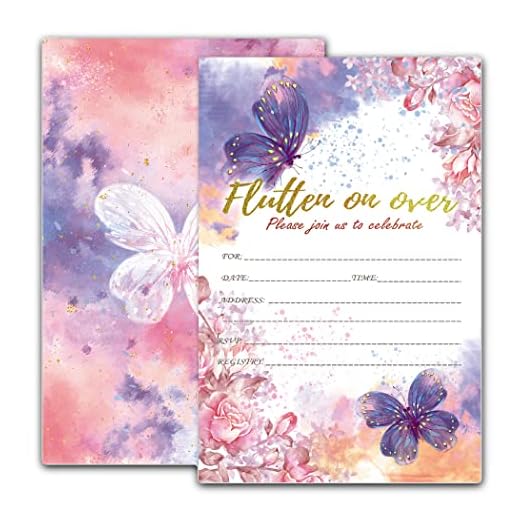 JJOINUS Birthday Invitations for Girls, Butterfly Birthday Party Invites for Girl Boy Kids, 20 Invites Cards with Envelopes, Purple Floral
