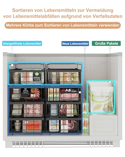 UMDONX 4er Gefriertruhe Körbe Schwarz - Griff Stapelbar GefrierköRbe für 283 bis 566L TiefküHltruhe,Gefrorene Zutaten organisieren, Ausziehbare Länge(29-45x30x15cm)