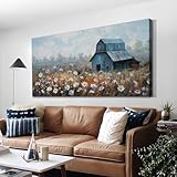 Enartly Landscape Canvas Wall Art Farmhouse Cows Barn Painting Rustic Picture White Flowers Nature Artwork Textured Large Framed for Home Office Living Room Bedroom Bathroom Wall Decor, 40'x20'