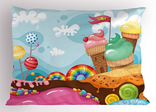 Ambesonne Ice Cream Pillow Sham, Dessert Land with Rainbow Candies Lollipop Trees and Cupcake Mountains Cartoon, Decorative Standard Queen Size Printed Pillowcase, 30