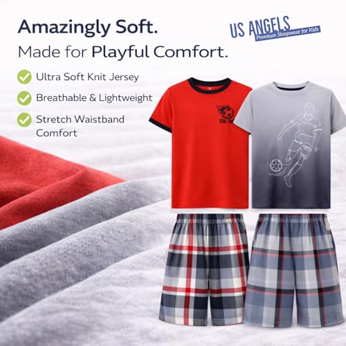 Image of US Angels Pajamas Set for Boys, 4-Piece Set, Short Sleeve Shirt with Pajama Shorts