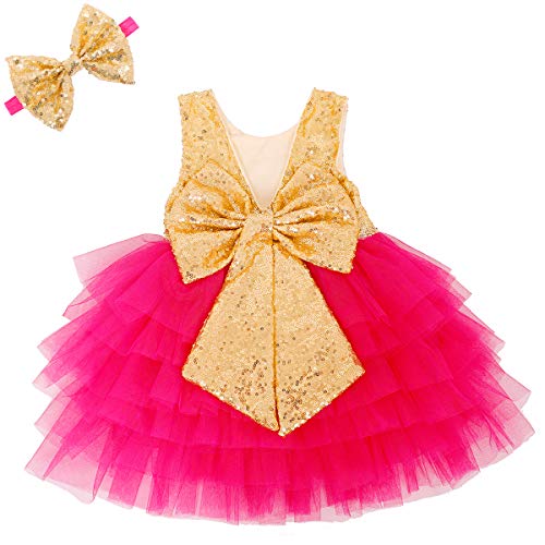ANATA Newborn Princess Dress Birthday Sequin Tutu Dress Baby Girls Backless Sleeveless Formal Gown Pageant Party with Headband Bow for Toddlers Christmas Gold Hot Pink 15 3-6M