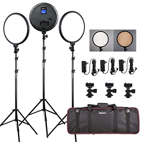 3 Pieces Ultra Thin Bi-Color LED Video Lighting Kit, 10-inch Round Camera Photo Light for Photo Studio Portrait YouTube Video Shooting Photography with Light Stand, DC Adapter, Hot Shoe Adapter