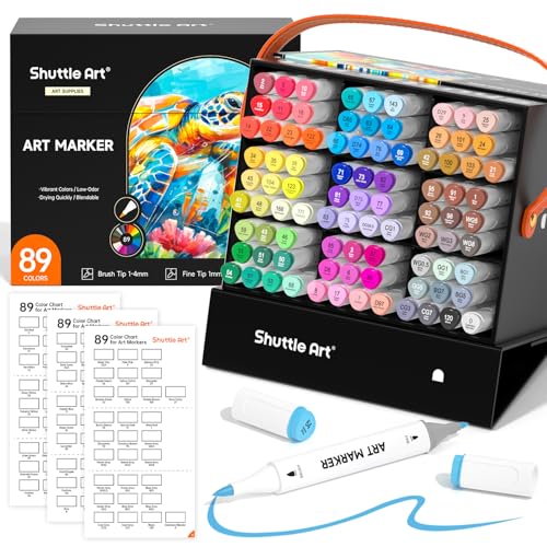 Shuttle Art Brush Tip Alcohol Markers, Dual Tip Brush & Fine Tip Art Marker Set, 89 Colors Marker Pens with Organized Case Perfect for Illustration Ki