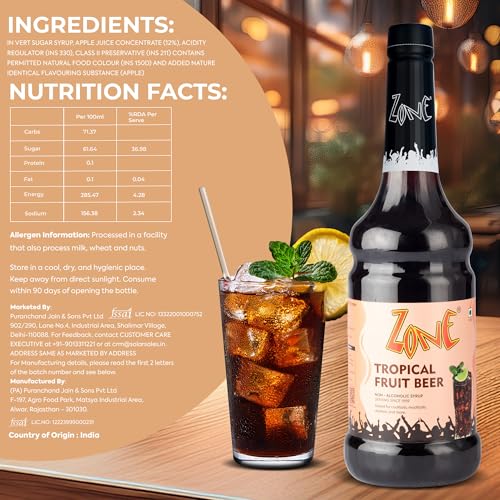 Image of ZONE Tropical Fruit Beer Flavoured Bar Syrup, 1000ml Bottle | Suitable for Cocktails, Mocktail, Drinks, Juices, Beverages and More | Non Alcoholic Mix | 30+ Flavours Available