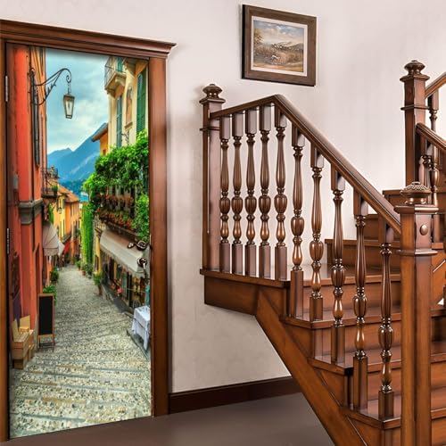 Pegatinas para Puertas de Italia Door Stickers 3D Adhesivo Vinilo Pegatina Puerta Vista de Calle de La Ciudad Murales Póster Decorativas de Pared Mural Papel Pintado 70x200 cm a/1819