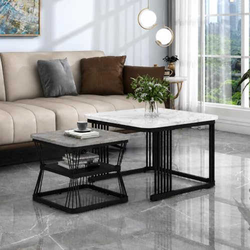 Image of Brown Art Shoppee Set of 2 Modern Coffee Tables with Marble Finish Top, Metal Frame, Nesting Center Table & End Table for Living Room Home Decor (Black & Grey-White)