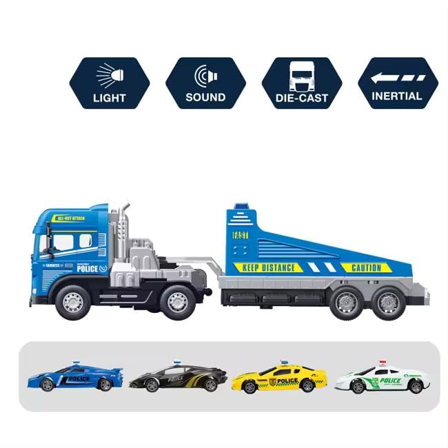 Image of SHIPEASE Friction Powered Police Car Transport Toys for Kids Boys Girls 1:43 Rescue Trailer Truck with Die Cast Model Cars Carrier Truck Toys Miniature Pull Back Vehicles (Multicolor)