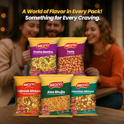 Image of Bikano Namkeen Combi Pack - 5-in-1 Indian Snack Combo | Includes Navratan Mixture, Tasty, Khatta Meetha, Lajawab Mixture & Aloo Bhujia | Ready-to-Eat | 340g (Pack of 2)