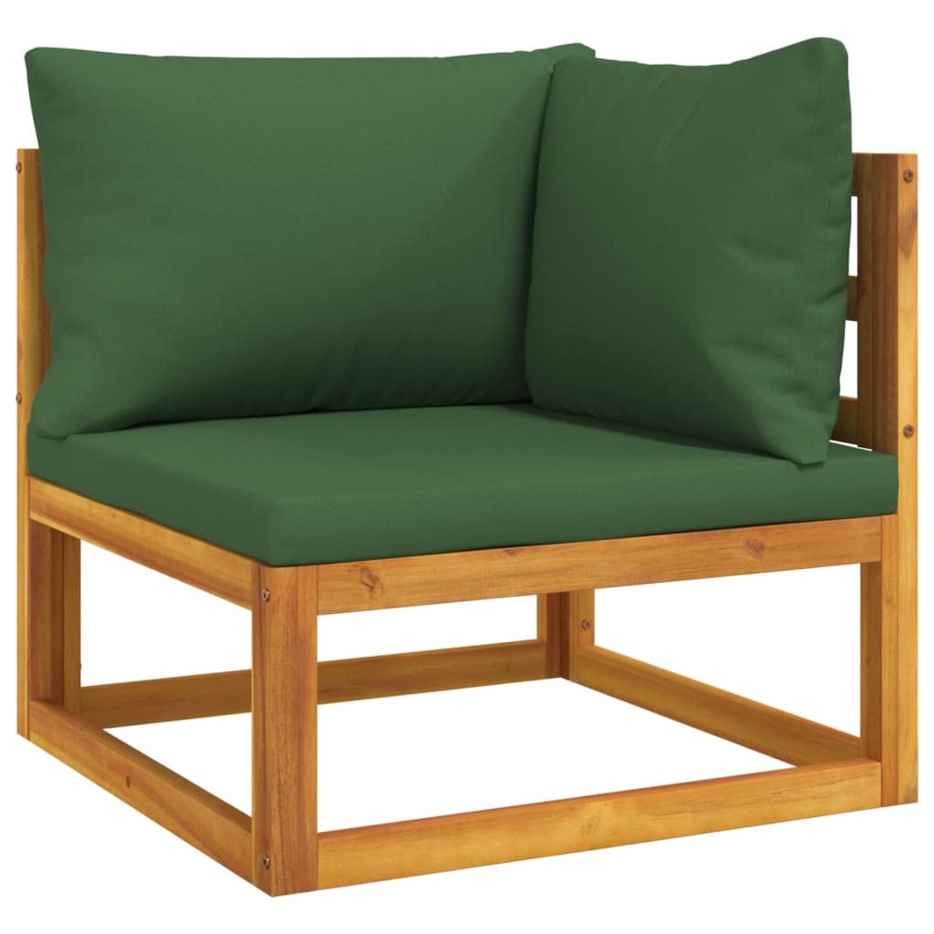 6-częściowy zestaw wypoczynkowy ogrodowy, lite drewno akacjowe, zielone poduszki, modułowa konstrukcja, wytrzymała sofa outdoorowa na taras, balkon, do ogrodu, wygodne siedzenia