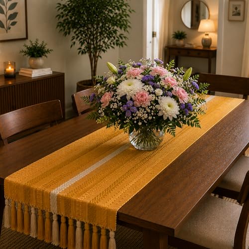 Image of TARANTARAN Mustard Yellow Boho Table Runner | Cotton Macrame Dining Table Cover with Tassel Fringe