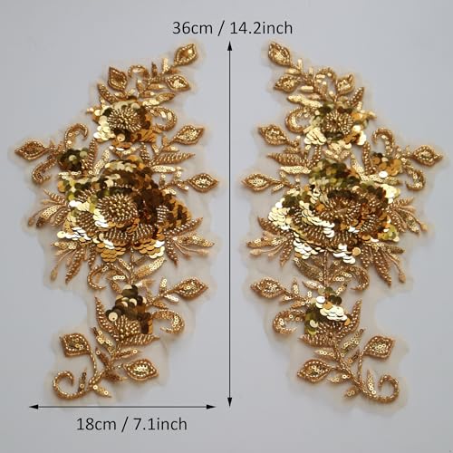 G-RUI 2pc/Pair Luxury Beaded Sequin Golden Flower Embroidery lace Appliques for Wedding Dresses Rhinestone lace Applique Patches Embroidery lace parches ropa…