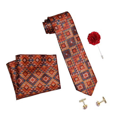Image of Axlon Tie for Men - Micro Silk Neck Ties Set with Cufflinks Flower Pin, Pocket Square & Black Gift Box, Combo Necktie Sets for Office Wear, Formal Suits & Weddings (Multicolour, Tie-98)