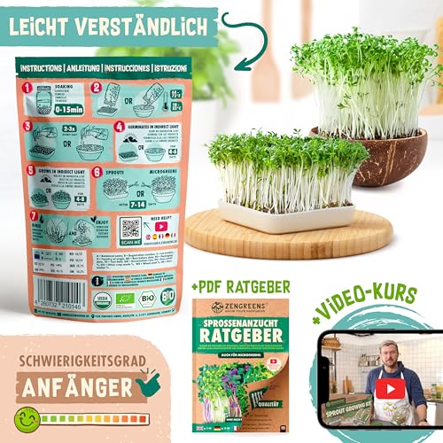 ZenGreens® - Bio Kresse Sprossen Samen - Wähle zwischen 10g 200g und 500g - Kresse Samen - Keimrate von über 96% - Bio Saatgut zum Keimsprossen ziehen - wiederverschließbare Verpackung