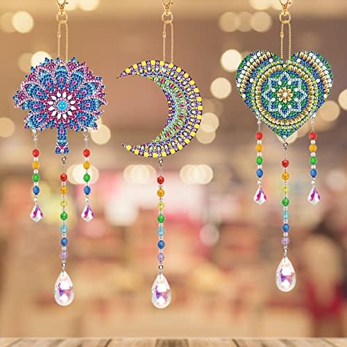 MWOOT 3Pcs 5D Diamond Art Painting Wind Chime,DIY Hanging Crystal Suncatcher Kit,Double Sided Crystal Paint by Number Hanging Ornament for Home Garden Decoration(Moon+Heart+Mandala)
