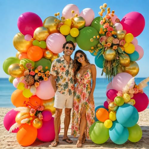 Image of Tropical Balloons, 12 Inch Hawaiian Balloons Teal Hot Pink Orange Yellow | Metallic Gold Balloons for Luau Aloha Hawaiian Beach Summer Birthday Pool Baby Shower Party Decorations
