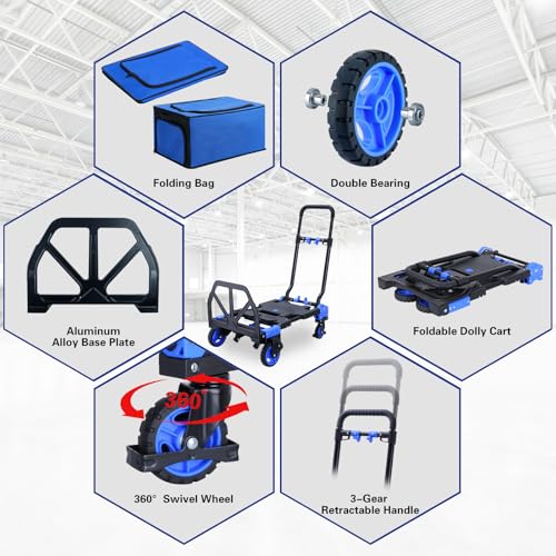 2-1 Folding Hand Truck Dolly,330LBS Capacity Dolly Cart,Foldable Dolly Hand Truck with Retractable Handle and 4 Rubber Wheels,Hand Cart Foldable for Luggage/Travel/Office/Moving