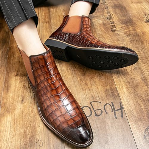 Men's Leather Print High Top Slip On Chelsea Boots Fashion British Style Pointed Toe Elastic Band Ankle Boots Business Casual Dress Oxford Boots4