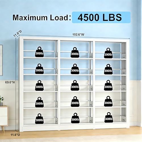 Image of Heavy Duty Metal Bookshelf, 5-Tier Industrial Bookcase with Adjustable Shelves, Large Storage Bookshelf for Living Room, Office, Library, 69 inch H x 102.6 inch W, White