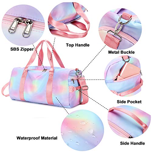 Womens Travel Bags Sport Gym Duffle Weekender Carry On Workout Duffel Overnight Shoulder Bag with Shoe Compartment (Rainbow Pink-D)