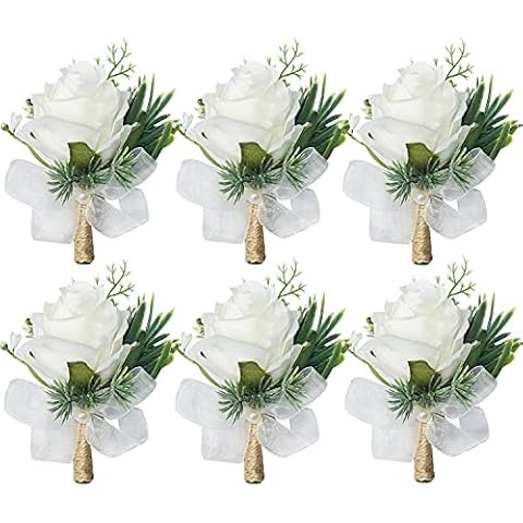 WEIERYUE Women's and Men's Corsage Corsage,Wedding Groomsmen and Bridesmaids Corsage,Artificial Flower, 6pcs Corsages (6pcs White Rose corsages) Cover